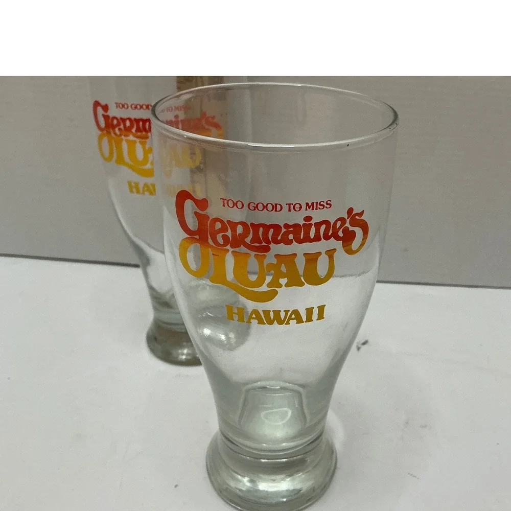 Germaine's Luau Vintage Souvenir Glasses Hawaii Footed Pilsner Set of 2 Tiki Bar
